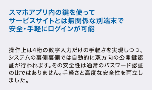 スマホアプリ内の鍵を使ってサービスサイトとは無関係な別端末で安全・手軽にログインが可能操作上は4桁の数字入力だけの手軽さを実現しつつ、システムの裏側裏側では自動的に双方向の公開鍵認証が行われます。その安全性は通常のパスワード認証の比ではありません。手軽さと高度な安全性を両立しました。